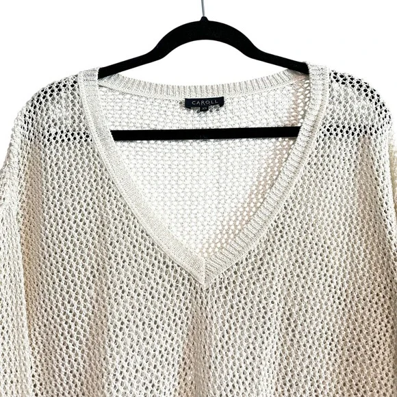 Caroll Paris Metallic Open Knit Linen Blend V-Neck Sweater Cream XS - Picture 5 of 14